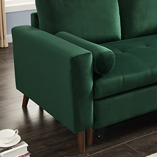 HABITRIO Sectional Sofa with Pull Out Bed, Green Velvet Upholstered 2 Seats Sleeper Sofa and Reversible Chaise Lounge w/Storage, Modern Design 88" L-Shaped Sleeper Sofa for Living Room, Apartment