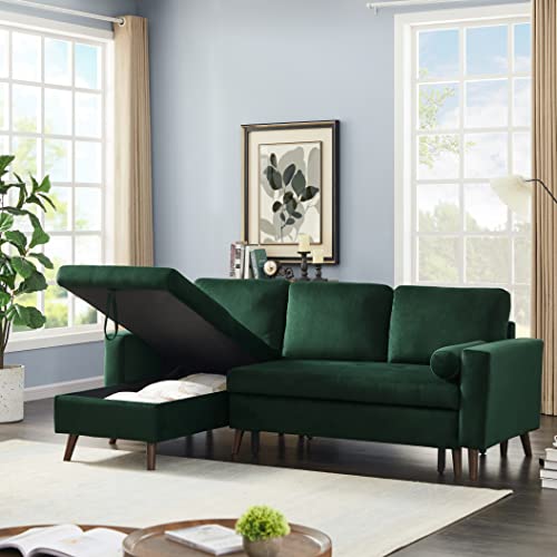 HABITRIO Sectional Sofa with Pull Out Bed, Green Velvet Upholstered 2 Seats Sleeper Sofa and Reversible Chaise Lounge w/Storage, Modern Design 88" L-Shaped Sleeper Sofa for Living Room, Apartment