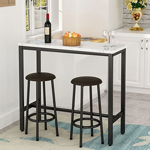 LinkRomat Bar Table Set, 3 Piece Modern Kitchen Pub Table, Small Dining for 2, and Chairs, Height with 2 Round Stools, Room Set Space, White, 39.4 x 15.8 35.4''