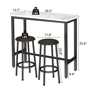 LinkRomat Bar Table Set, 3 Piece Modern Kitchen Pub Table, Small Dining for 2, and Chairs, Height with 2 Round Stools, Room Set Space, White, 39.4 x 15.8 35.4''