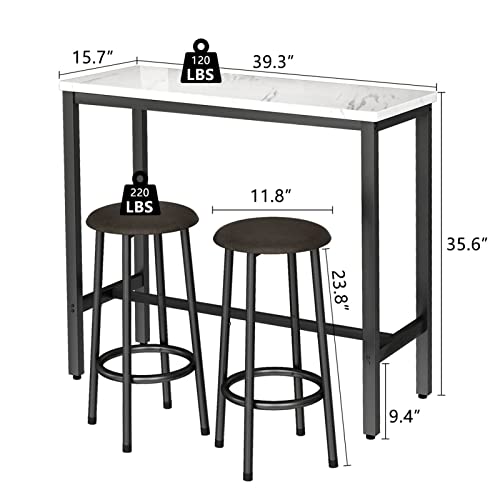 LinkRomat Bar Table Set, 3 Piece Modern Kitchen Pub Table, Small Dining for 2, and Chairs, Height with 2 Round Stools, Room Set Space, White, 39.4 x 15.8 35.4''