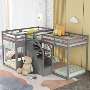 Merax Twin Over Twin L-Shaped Bunk Bed with Built-in Middle Staircase, Twin Size Wooden Bunk Bed for Teen, Grey