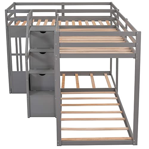 Merax Twin Over Twin L-Shaped Bunk Bed with Built-in Middle Staircase, Twin Size Wooden Bunk Bed for Teen, Grey