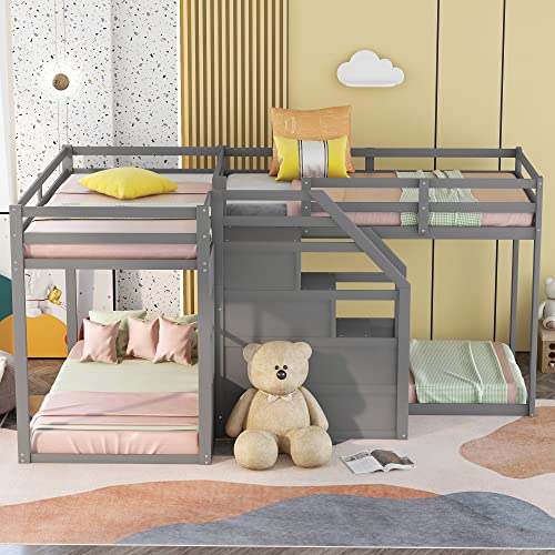 Merax Twin Over Twin L-Shaped Bunk Bed with Built-in Middle Staircase, Twin Size Wooden Bunk Bed for Teen, Grey