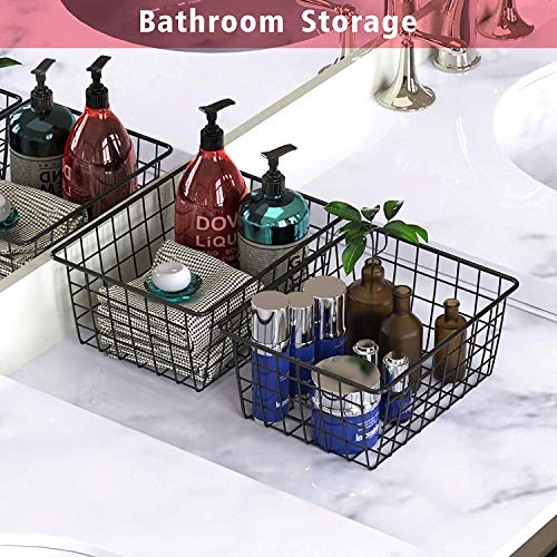 HDYOUDO Metal Wire Food Storage Basket Organizer with Wooden Handles for Organizing Kitchen Cabinets, 2 Packs-Black-large