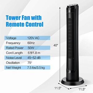 COSTWAY Tower Fan with Remote Control, 40-Inch Portable Household Fan with 80 Degrees Oscillation, 4 Speeds, 3 Modes, 15H Timer, Small Quiet Fan with Sleep Mode for Home Office, Black