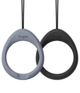 ringke finger ring strap silicone smartphone grip lanyard holder [2 pack] with anti-slip mount function compatible with phone cases, keys, cameras, and more - black & lavender gray