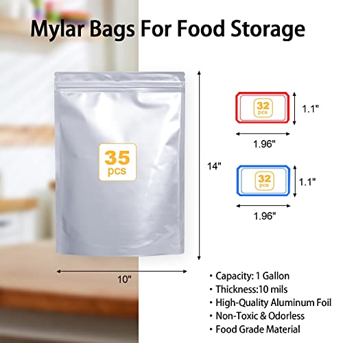 35 Pack 1 Gallon Mylar Bags For Food Storage with Oxygen Absorbers 400cc, Extra Thick 10 Mil - 10" x 14" , Stand-Up Zipper Pouches Resealable, Suitable for Long-term Storage of Food, Light-proof, Moisture-Proof, Odor-Proof, and Heat-Sealable Fresh Saver P