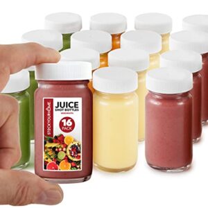 stock your home glass shot bottles with caps (16 pack) 2 oz juice, wellness, or ginger shots bottle - leak proof, dishwasher safe, mini jars with plastic lids - reusable small juicing containers