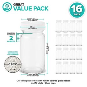 Stock Your Home Glass Shot Bottles with Caps (16 Pack) 2 Oz Juice, Wellness, or Ginger Shots Bottle - Leak Proof, Dishwasher Safe, Mini Jars with Plastic Lids - Reusable Small Juicing Containers