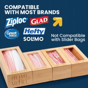 Home & More Ziplock Bag Organizer for Drawer, Sandwich, Storage - 4 in 1 Ziploc Storage Organizer - 100% Bamboo Durable Wood Baggie Organizer for Pantry Organization and Storage