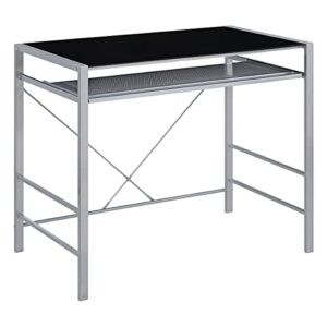 osp home furnishings zephyr computer desk with keyboard shelf and tempered glass top, black glass and silver frame