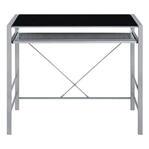 OSP Home Furnishings Zephyr Computer Desk with Keyboard Shelf and Tempered Glass Top, Black Glass and Silver Frame