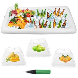 large inflatable serving bar kit 1+4pcs, luxiv salad food drinks tray for picnic pool cooler ice buffet party camping inflatable salad serving trays with drain plug, large food mesh cover, inflator…