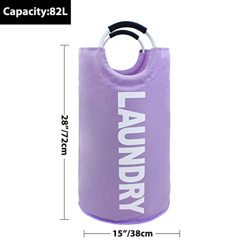 Mziart 82L Large Collapsible Laundry Basket with Padded Handles, Heavy Duty Oxford Fabric Laundry Hamper Tall Laundry Bag Foldable Laundry Bin Storage Organizer for Nursery Bedroom College Dorm-Purple