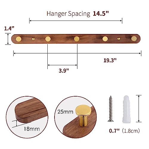 SARIHOSY Wall Mounted Coat Rack, Entryway Hanging Coat Rack, Metal Wood Coat Rail with 5 Rustic Hooks Rail for Coat, Scarf, Bag, Towel, Key, Cap, Hat, Walnut Gold Matt