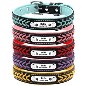 personalized dog collars for small medium large dogs,custom dog collar with name plate,braided leather dog id collars, option to blue,pink,red,purple,yellow