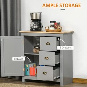 HOMCOM Modern Kitchen Cabinet, Storage Sideboard, Buffet Table with Rubberwood Top, 3 Drawers and Cabinet with Adjustable Shelf, Grey