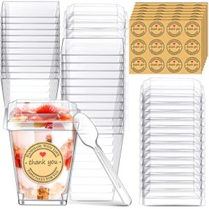 100 packs clear plastic dessert cups with spoons and stickers, 6 oz small clear plastic parfait cup disposable appetizer cup shooter cup for dessert appetizers, puddings, mousse, ice cream (square)