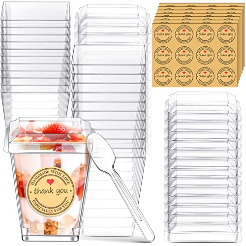100 Packs Clear Plastic Dessert Cups with Spoons and Stickers, 6 oz Small Clear Plastic Parfait Cup Disposable Appetizer Cup Shooter Cup for Dessert Appetizers, Puddings, Mousse, Ice Cream (Square)