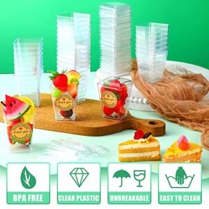 100 Packs Clear Plastic Dessert Cups with Spoons and Stickers, 6 oz Small Clear Plastic Parfait Cup Disposable Appetizer Cup Shooter Cup for Dessert Appetizers, Puddings, Mousse, Ice Cream (Square)