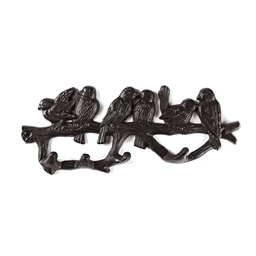 BRASSTAR Cast Iron 4 Coat Hooks Love Birds On Branch Wall Hanging for Coats, Bags, Hats, Towels, Keys, Flowerpots, Rustic Brown Indoor Outdoor Decoration TQGJPT275