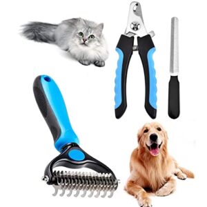 pet grooming tools set - 1 x 2 sided undercoat rake for dogs and cats , 1 x pet nail clipper, 1 x nail grinder file (blue)