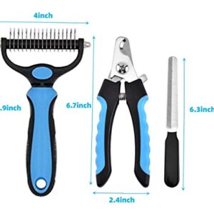 Pet Grooming Tools Set - 1 x 2 sided undercoat rake for dogs and cats , 1 x pet nail clipper, 1 x nail grinder file (blue)