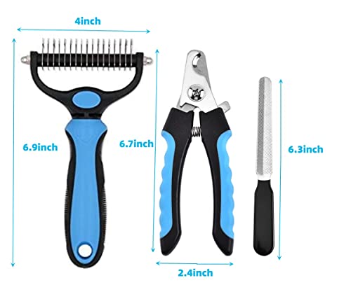 Pet Grooming Tools Set - 1 x 2 sided undercoat rake for dogs and cats , 1 x pet nail clipper, 1 x nail grinder file (blue)