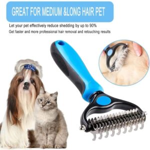 Pet Grooming Tools Set - 1 x 2 sided undercoat rake for dogs and cats , 1 x pet nail clipper, 1 x nail grinder file (blue)