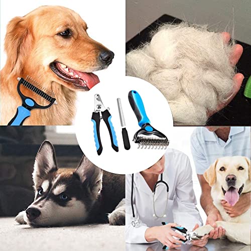 Pet Grooming Tools Set - 1 x 2 sided undercoat rake for dogs and cats , 1 x pet nail clipper, 1 x nail grinder file (blue)