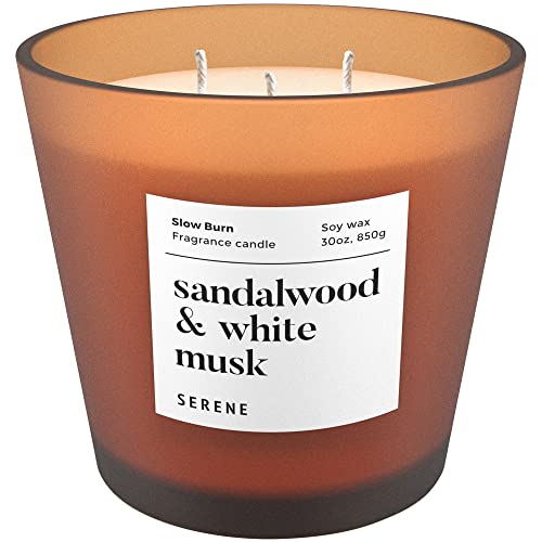 Hidden Label Large Scented Candle, Sandalwood & White Musk, 30oz 3 Wick Huge Candle, Huge Slow Burn Natural Soy Candles for Home Scented