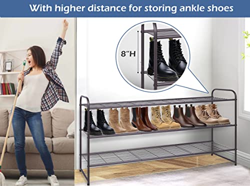 KEETDY Long 3-Tier Shoe Rack for Closet Floor Entryway, Wide Shoe Storage Organizer Stackable Metal Shoe Shelf for 24 Pairs Men Sneakers with Wire Grid for Bedroom, Bronze