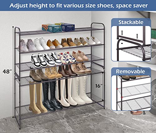 KEETDY Long 3-Tier Shoe Rack for Closet Floor Entryway, Wide Shoe Storage Organizer Stackable Metal Shoe Shelf for 24 Pairs Men Sneakers with Wire Grid for Bedroom, Bronze