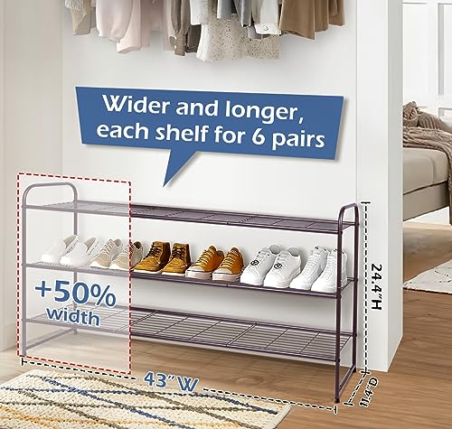 KEETDY Long 3-Tier Shoe Rack for Closet Floor Entryway, Wide Shoe Storage Organizer Stackable Metal Shoe Shelf for 24 Pairs Men Sneakers with Wire Grid for Bedroom, Bronze