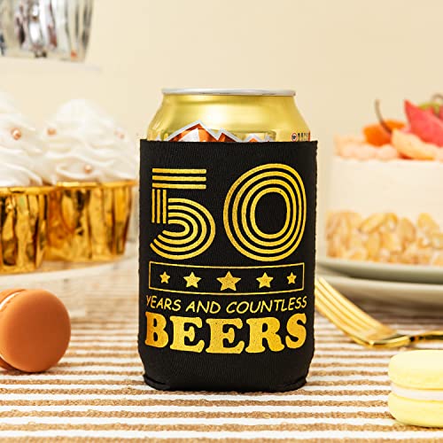 Crisky 50th Birthday Can Cooler Happy 50th Birthday Decorations for Men, Can Coolies Beverage Sleeve for 50 Year Old Birthday Gift Ideas Birthday Party Favors for Him, 12 Pack, Black & Gold