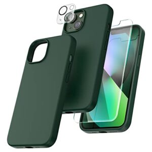 tocol 5 in 1 for iphone 13 case, with 2 pack screen protector + 2 pack camera lens protector, liquid silicone phone case for iphone 13, alpine green