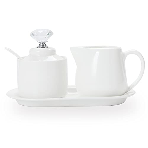 ONTUBE Porcelain Sugar and Creamer with tray and Crystal Lid Set of 4, Silver