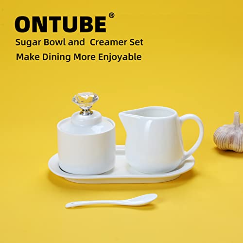 ONTUBE Porcelain Sugar and Creamer with tray and Crystal Lid Set of 4, Silver