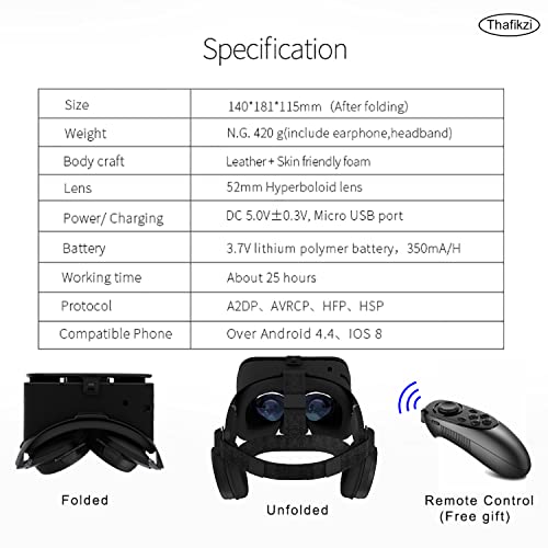 VR Headset Compatible with iPhone & Android Phone - Universal Virtual Reality Goggles with Remote Control - 3D VR Glasses Play Mobile Games Watch 3D Movies Gift for Adults/Kids Eye Protection (Black)