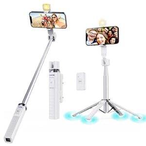 fugetek 40'' quadrapod lighted selfie stick stand, lightweight 7oz, wireless bluetooth remote, patented ultra stable 4 legs, 3 onboard light modes, compatible with iphone & android (white)