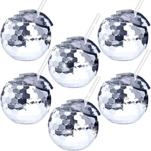 ujuuu 6pcs disco ball cups tumbler disco flash ball cocktail cup silver spherical cup with lid and straw wine glass drinking syrup tea bottle for nightclub bar party,16oz