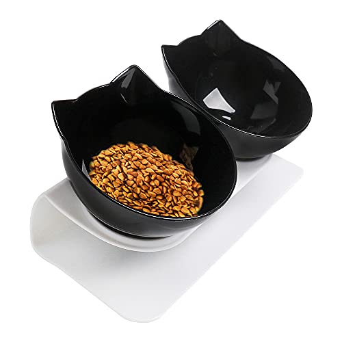 Double Elevated Cat Bowls with Raised Stand,15 Tilted cat Bowl Design Neck Guard Stand Raised Pet Food Water Feeder Bowl for Cats or Small Dogs