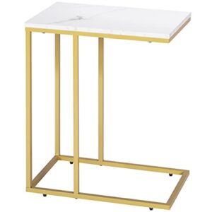 primezone c shaped side table - faux marble narrow end table for sofa couch & living room, tv tray table, 19" w x 12" d x 23" h, gold frame