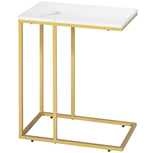 PrimeZone C Shaped Side Table - Faux Marble Narrow End Table for Sofa Couch & Living Room, TV Tray Table, 19" W x 12" D x 23" H, Gold Frame