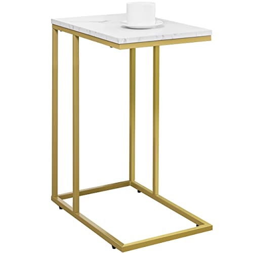 PrimeZone C Shaped Side Table - Faux Marble Narrow End Table for Sofa Couch & Living Room, TV Tray Table, 19" W x 12" D x 23" H, Gold Frame