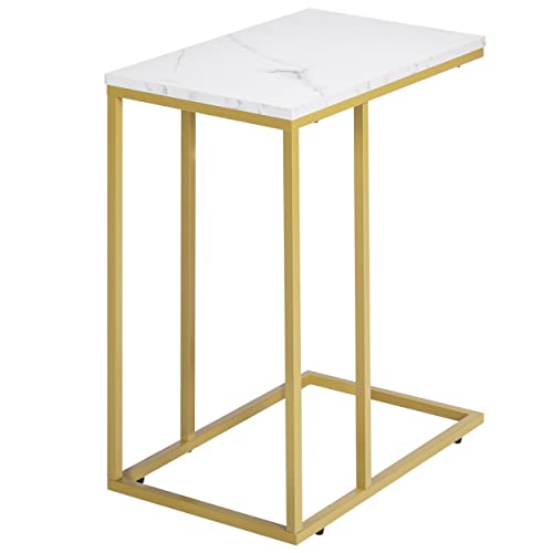 PrimeZone C Shaped Side Table - Faux Marble Narrow End Table for Sofa Couch & Living Room, TV Tray Table, 19" W x 12" D x 23" H, Gold Frame