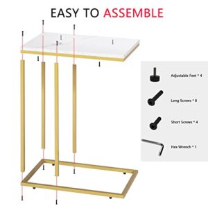 PrimeZone C Shaped Side Table - Faux Marble Narrow End Table for Sofa Couch & Living Room, TV Tray Table, 19" W x 12" D x 23" H, Gold Frame