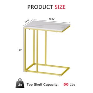 PrimeZone C Shaped Side Table - Faux Marble Narrow End Table for Sofa Couch & Living Room, TV Tray Table, 19" W x 12" D x 23" H, Gold Frame