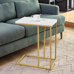 PrimeZone C Shaped Side Table - Faux Marble Narrow End Table for Sofa Couch & Living Room, TV Tray Table, 19" W x 12" D x 23" H, Gold Frame